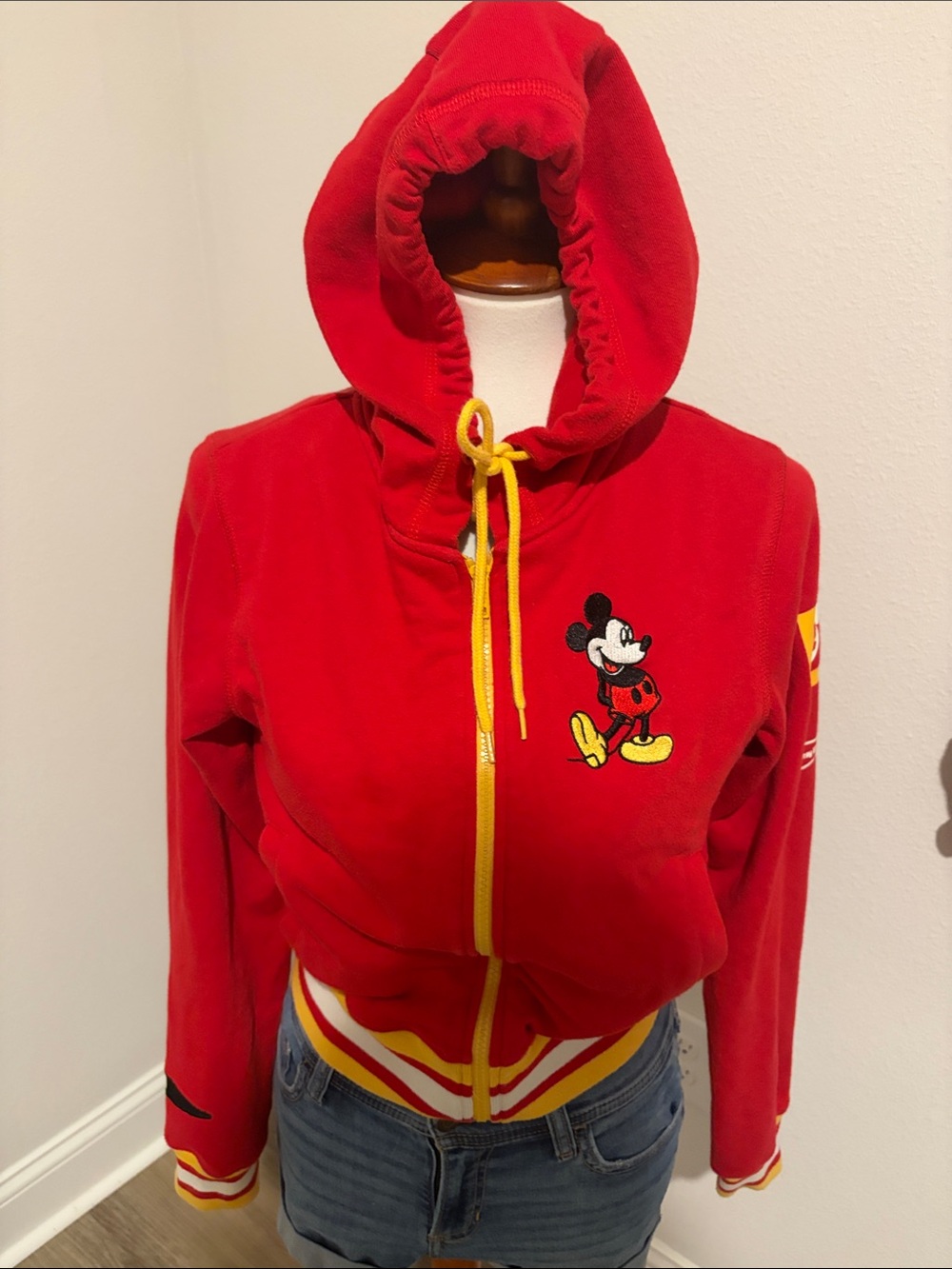 Disney Red Hooded Mickey Mouse Zip Jacket with Yellow Trim